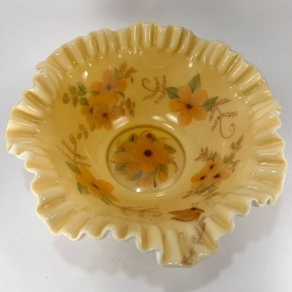 VTG Fenton Honey Amber Floral Butterfly 7224 Brides Bowl 10" Ruffled Edge 80's
